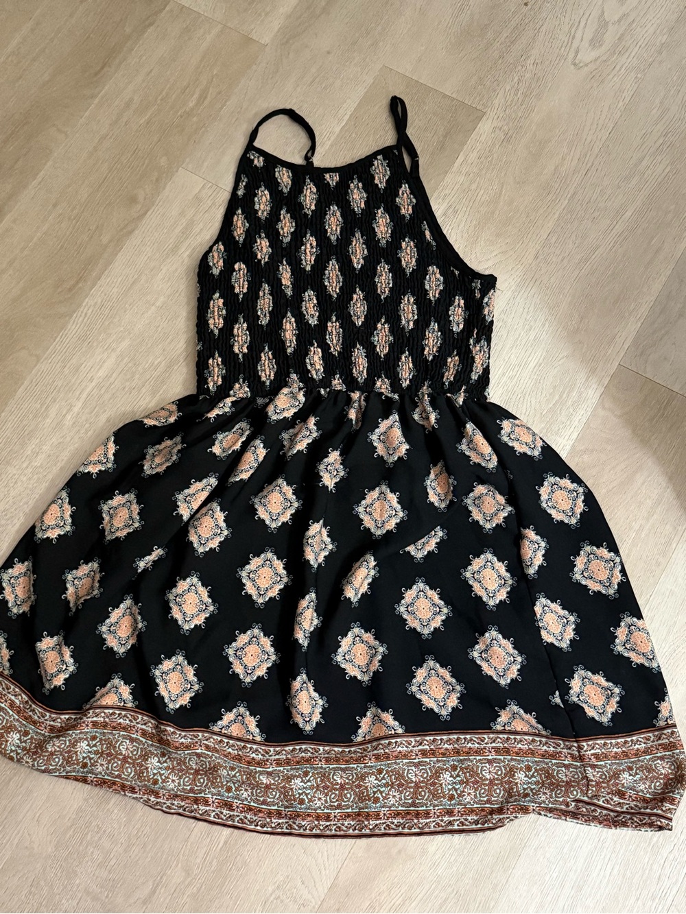 Xhilaration Black Smocked Waist Dress with Blue Tie-Dye Accent